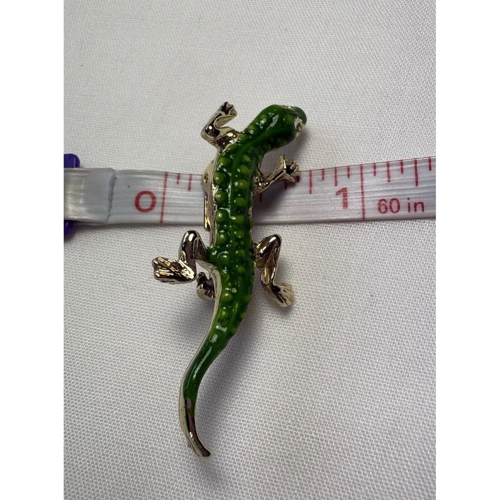 Vintage 80s Green Enamel Lizard Gecko Brooch Pin Set 2pc Mother Baby Reptile